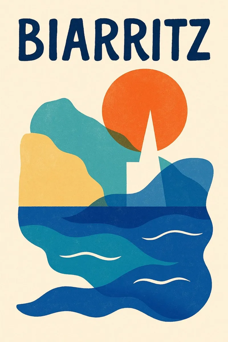 Poster Biarritz - Kust en kleurrijke abstracte poster canvas met Baklijst van JETLAG | affiches voyage