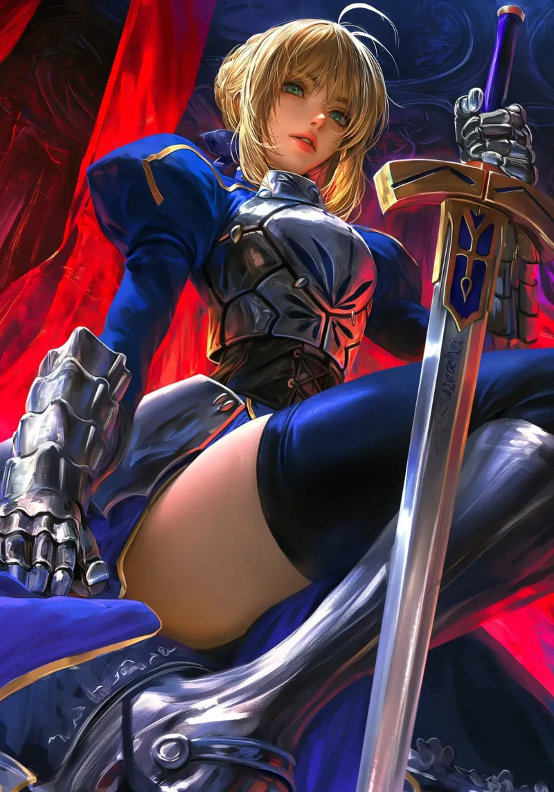 Saber Excalibur Morgan Knight Fate Serie Anime poster con telaio in legno da Stellar Creative