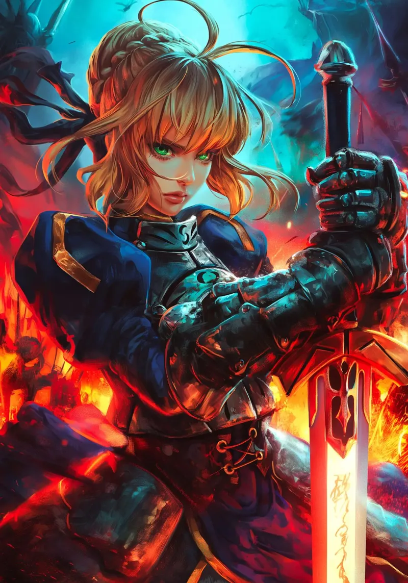 Saber Excalibur Morgan Knight Fate Serie Anime poster con telaio in alluminio da Stellar Creative