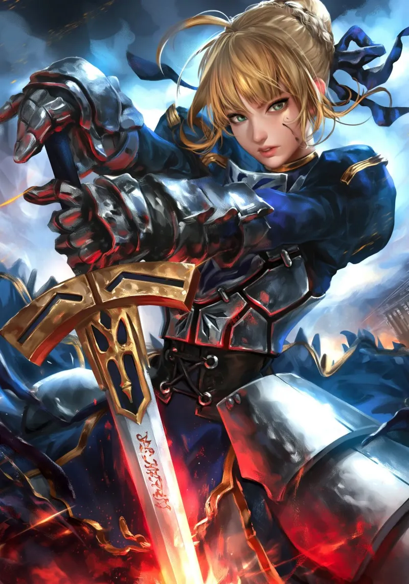 Saber Excalibur Morgan Knight Fate Serie Anime poster con telaio in legno da Stellar Creative