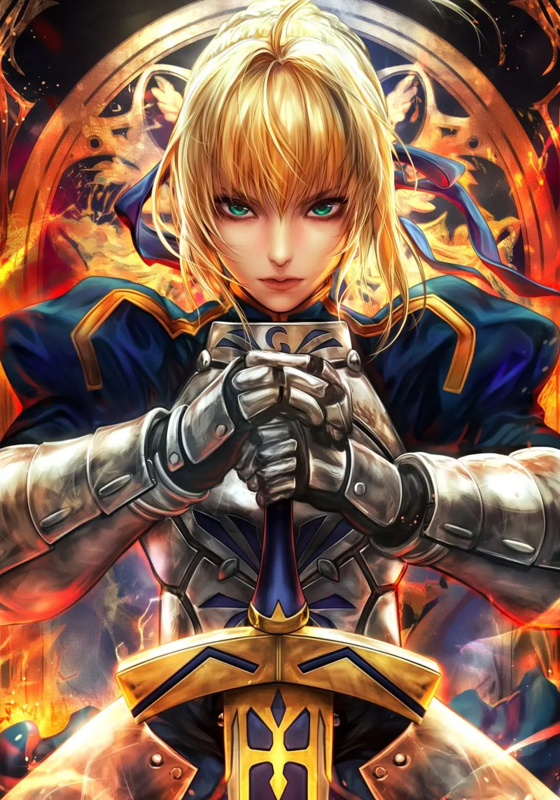 Saber Excalibur Morgan Knight Fate Serie Anime poster con telaio in alluminio da Stellar Creative