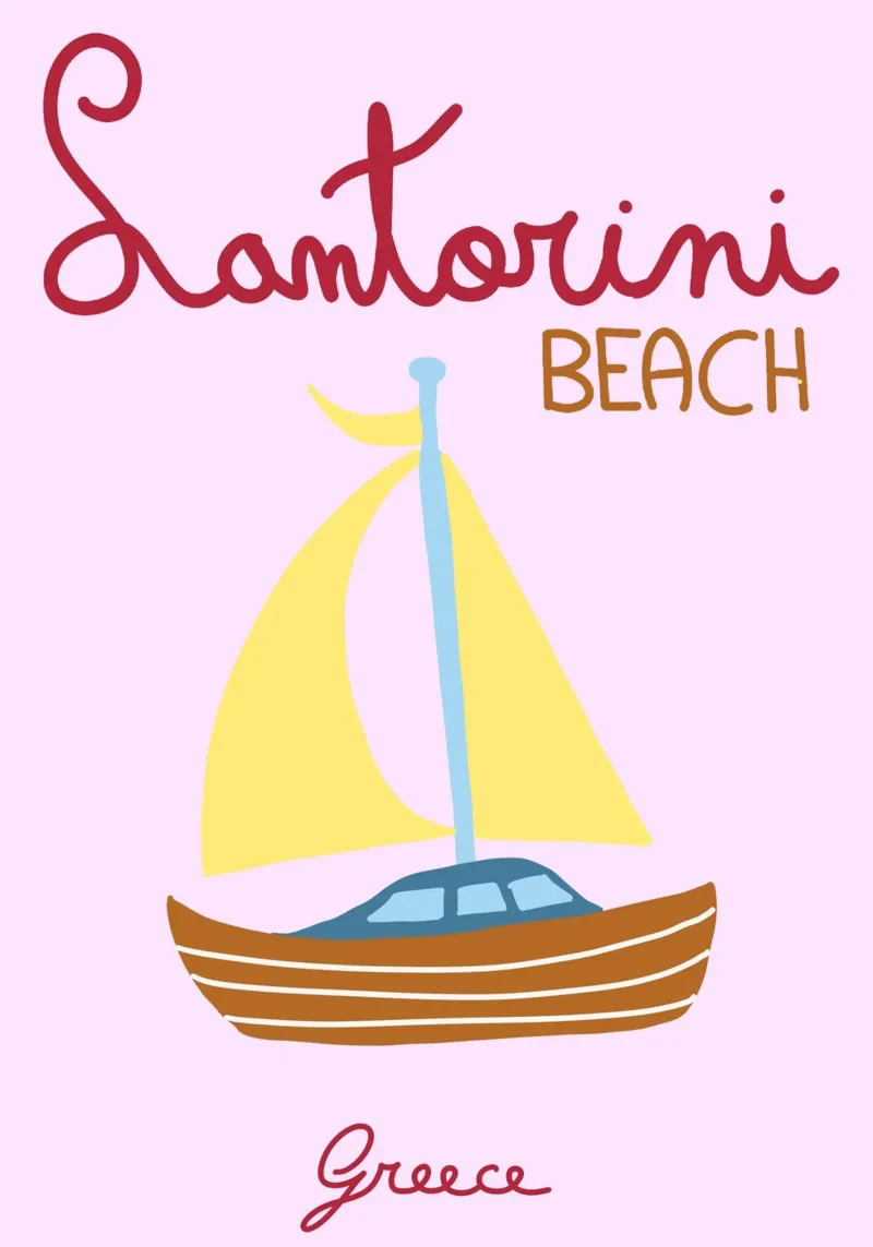 Spiaggia di Santorini, Grecia, poster di viaggio, illustrazioni minimaliste tela con Cornice a cassetta da vintagepod