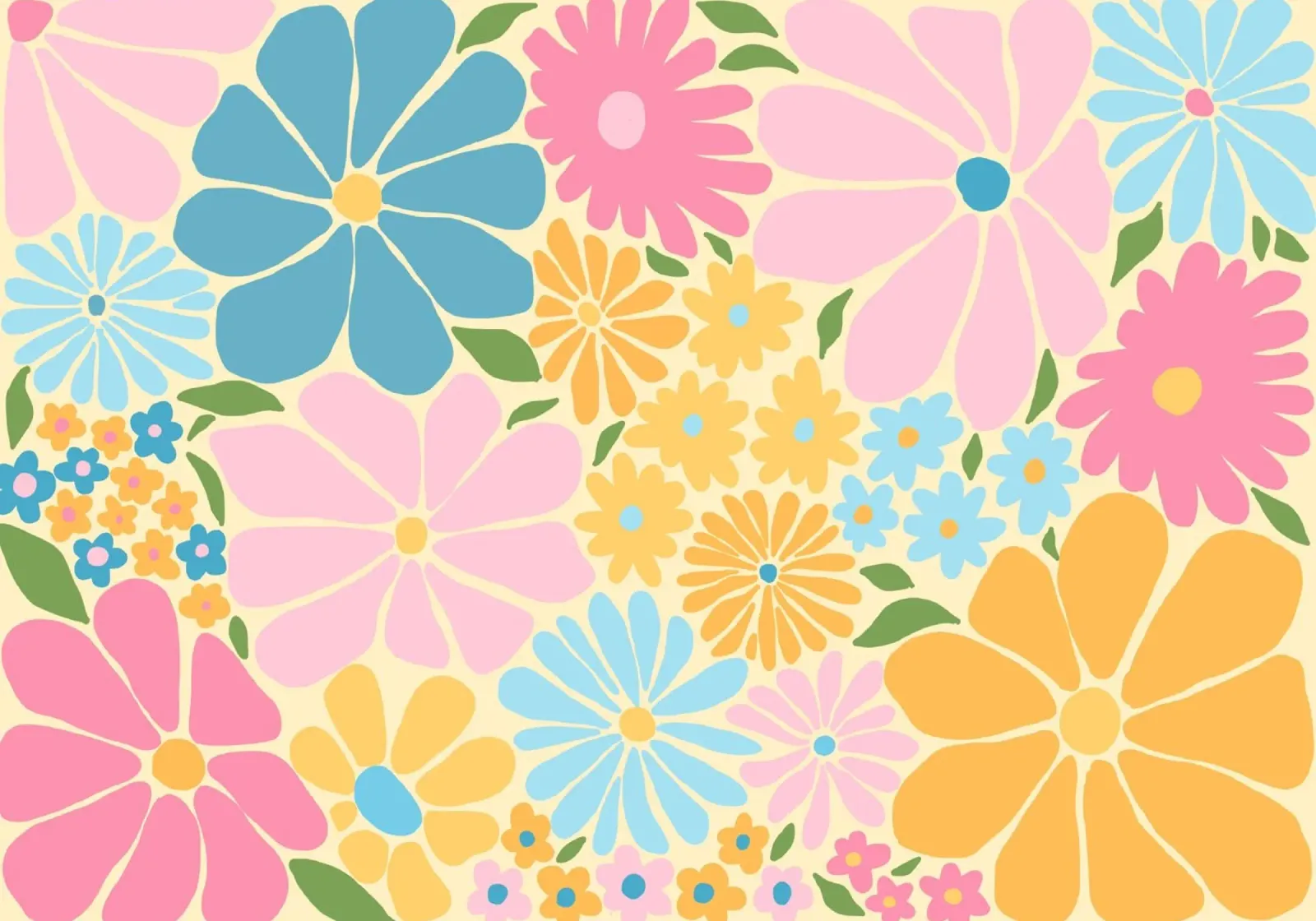 Retro Bloemenpatroon, Kleurrijke Bloemenmacht Print canvas met Baklijst van vintagepod