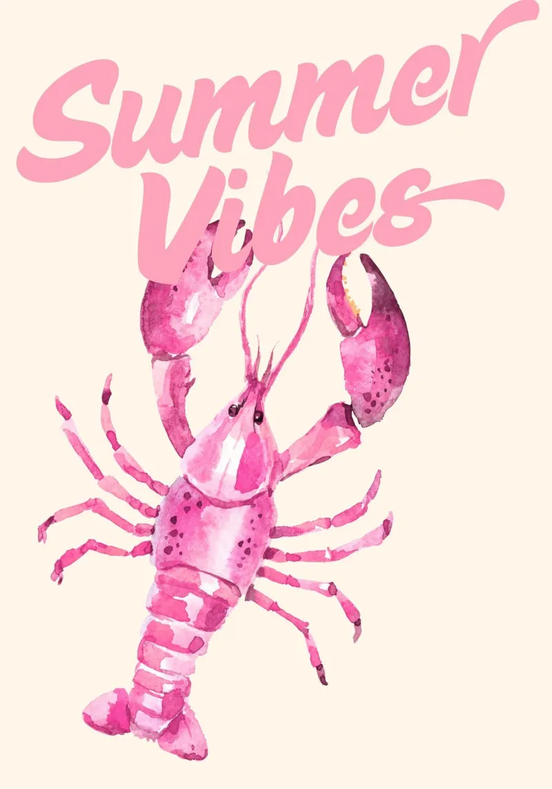 Roze Kreeft "Summer Vibes", aquarel kunstdruk canvas met Baklijst van vintagepod