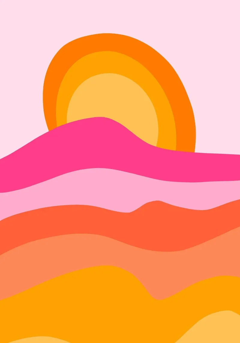 Groovy Landschap Zonsondergang, Abstract Retro Kunst poster van vintagepod