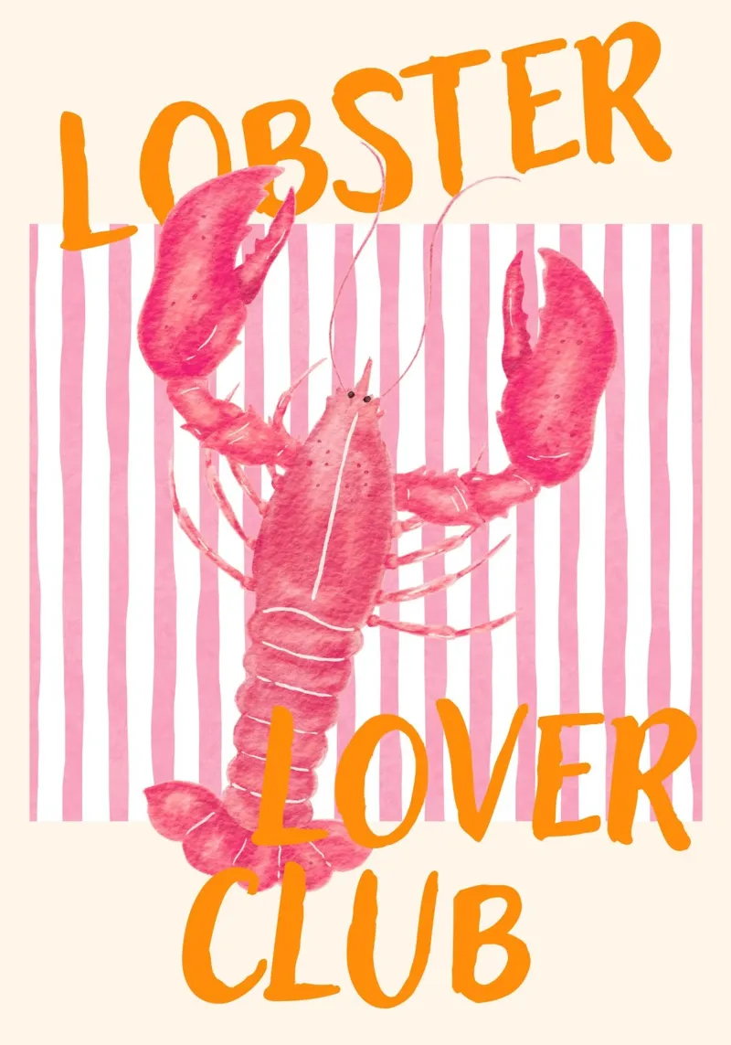 Lobster Lover Club, Retro kustkunstdruk canvas met Baklijst van vintagepod