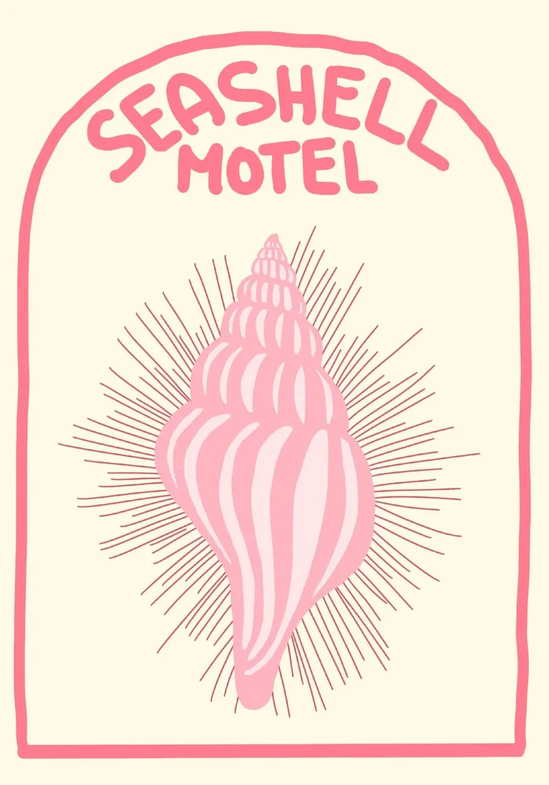 Seashell Motel, Vintage Reisposter, Boho Kunst canvas met Baklijst van vintagepod