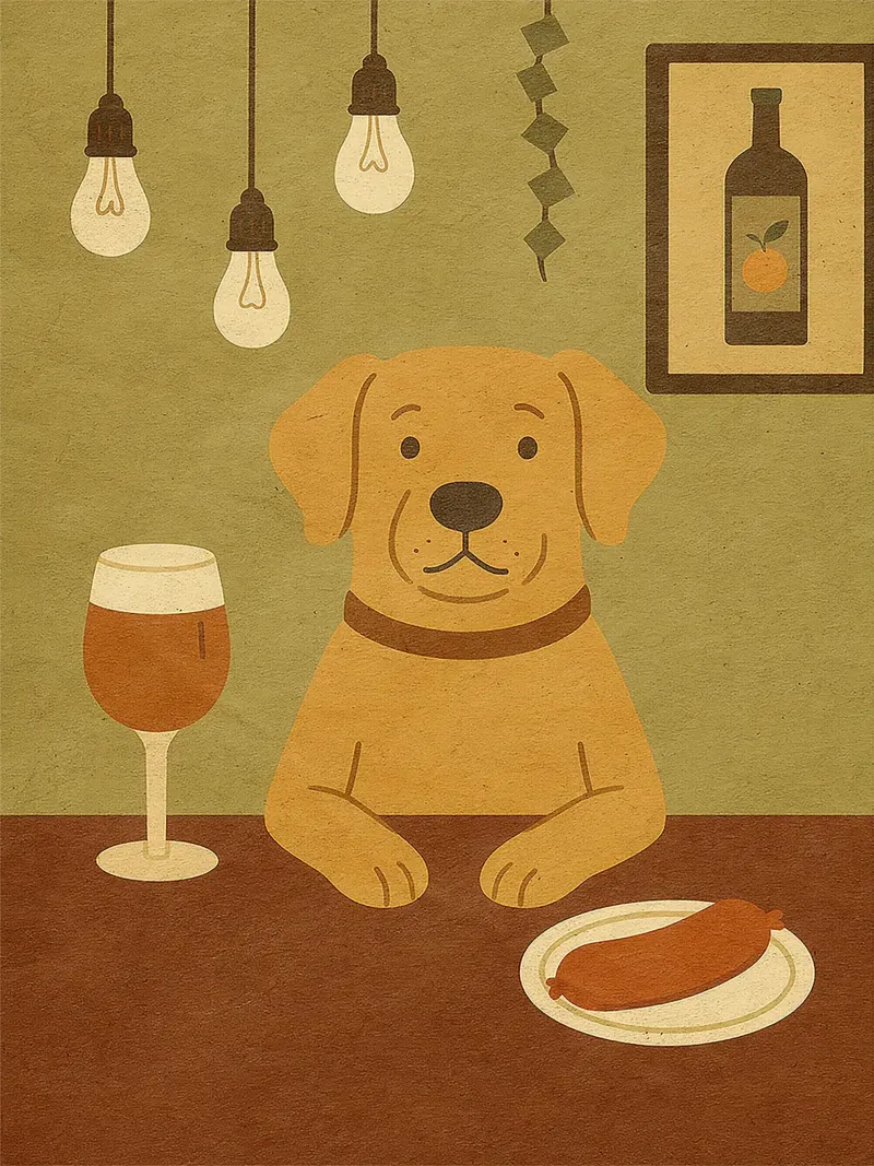 Dog at Bar with Wine and Sausage canvas with Floater frame by Anna Müller