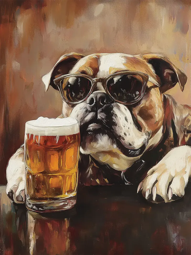 Bulldog cool con pittura di birra poster con telaio in legno da Anna Müller