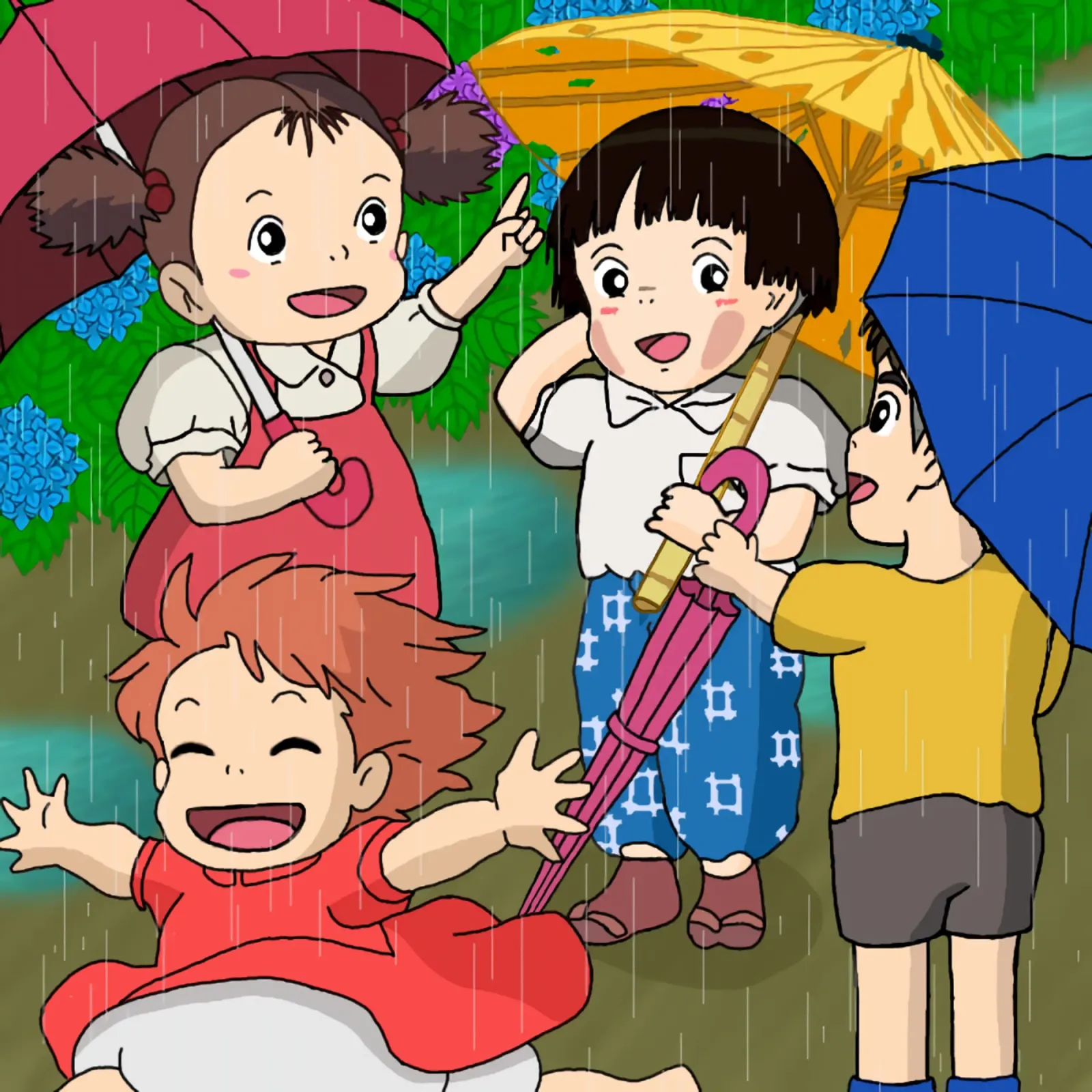 Ponyo che gioca sotto la pioggia poster da sophielouise.designs