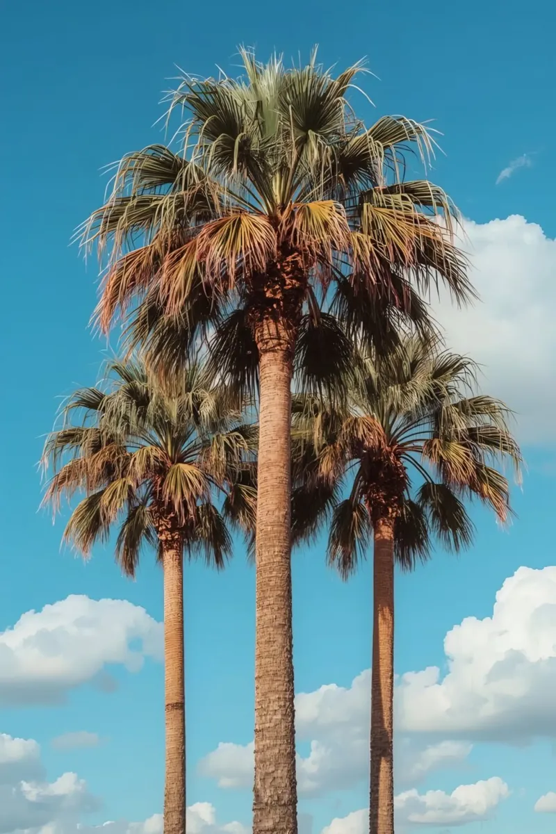 Three Palm Trees Against Blue Sky with Clouds canvas with Floater frame by DesignDoodle