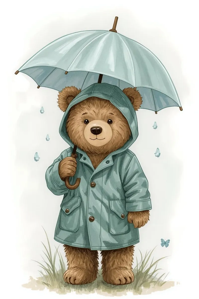 Teddybeer in regenjas met paraplu Illustratie canvas met Baklijst van DesignDoodle