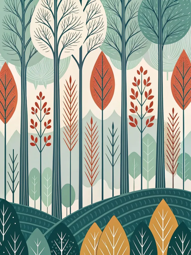 Un'illustrazione della foresta di arte popolare scandinava di metà secolo. poster da Artistic-shop