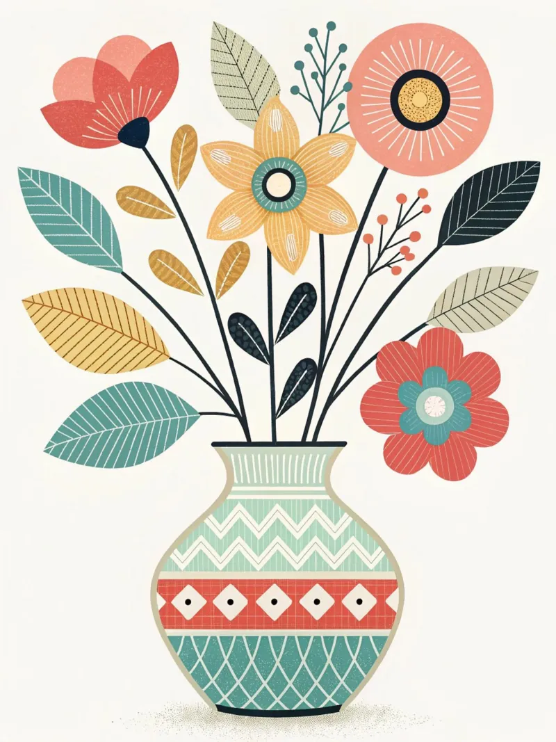 Ramo de flores bohemio con motivos folclóricos en un jarrón estampado lienzo con Marco flotante de Artistic-shop