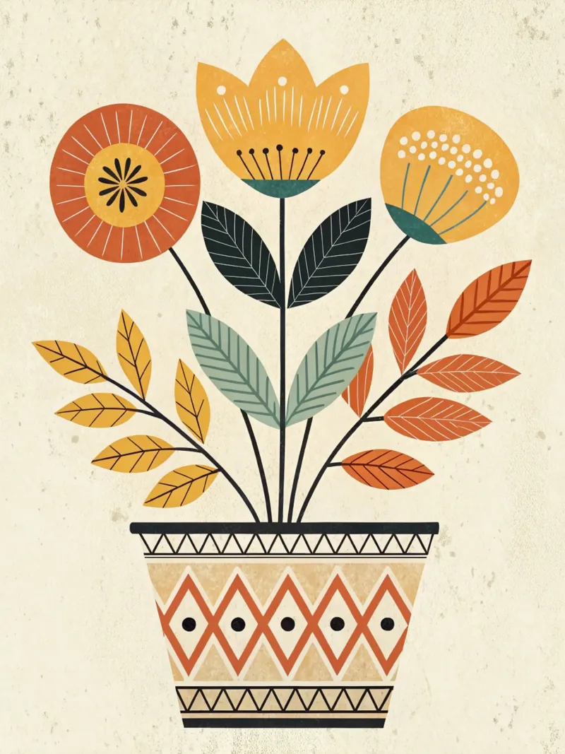 Fleurs d'art populaire dans un pot en terre cuite avec Scandinavian-Inspi toile avec Caisse américaine de Artistic-shop