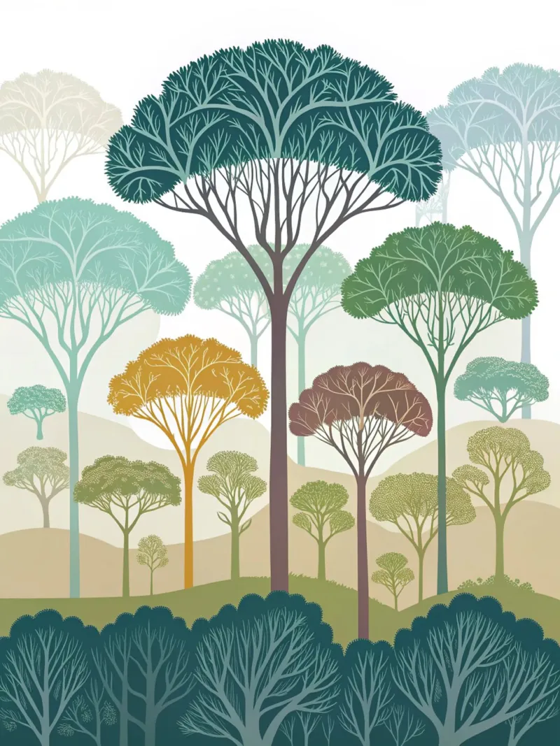 Enchanted Forest: A Serene Tapestry of Stylized Trees canvas with Floater frame by Artistic-shop