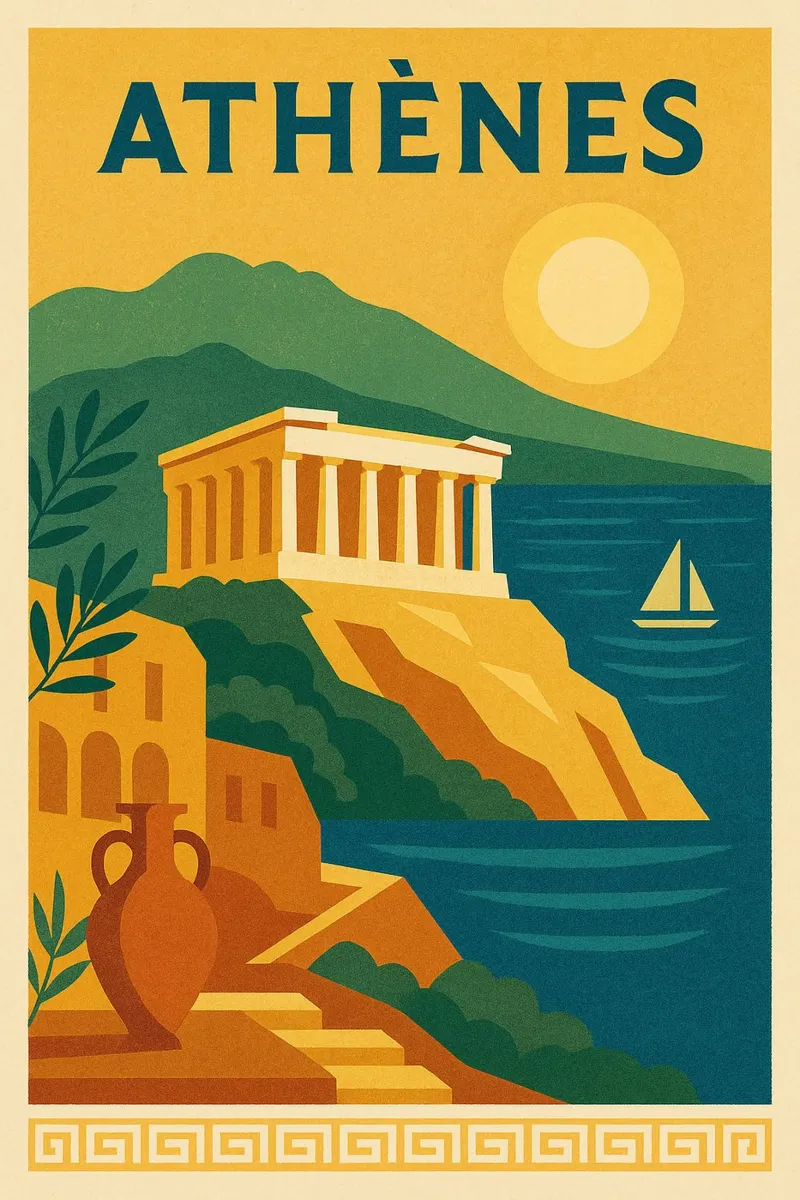 Poster di Atene - Poster d'epoca dell'Acropoli e del mare poster con telaio in plastica da JETLAG | affiches voyage