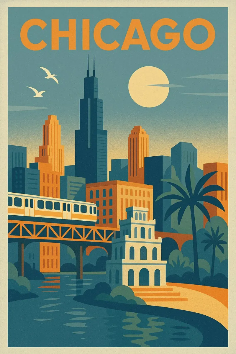 Poster di Chicago - Poster retrò dello skyline e della metropolitana poster con telaio in legno da JETLAG | affiches voyage
