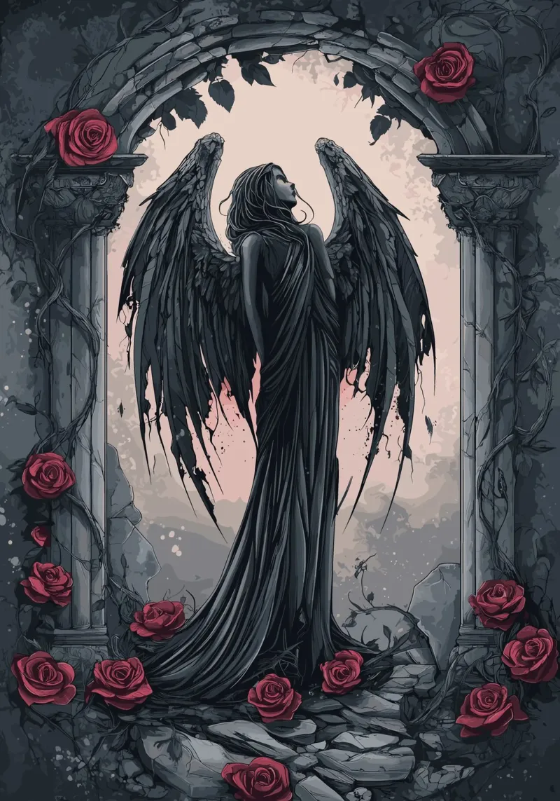 Angelo caduto in una rovina di rose poster da pixelbull - medieval art and more