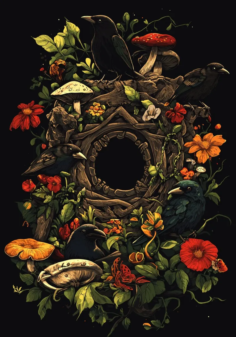 Corvi e funghi in una ghirlanda naturale poster da pixelbull - medieval art and more