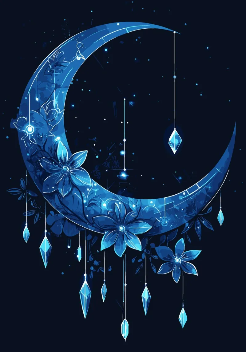 Luna blu con fiori di cristallo poster con telaio in legno da pixelbull - medieval art and more