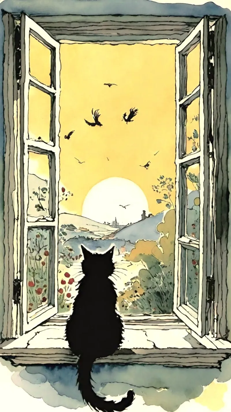 cat on window canvas met Baklijst van throme