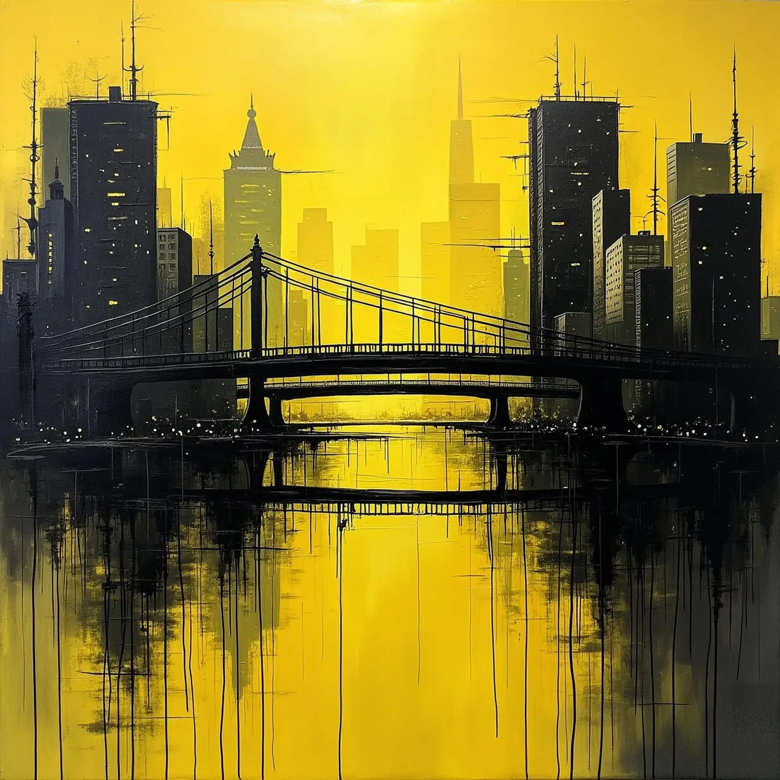 Skyline with bridge_yellow canvas with Floater frame by Fantasie & Mystikwelten by LK