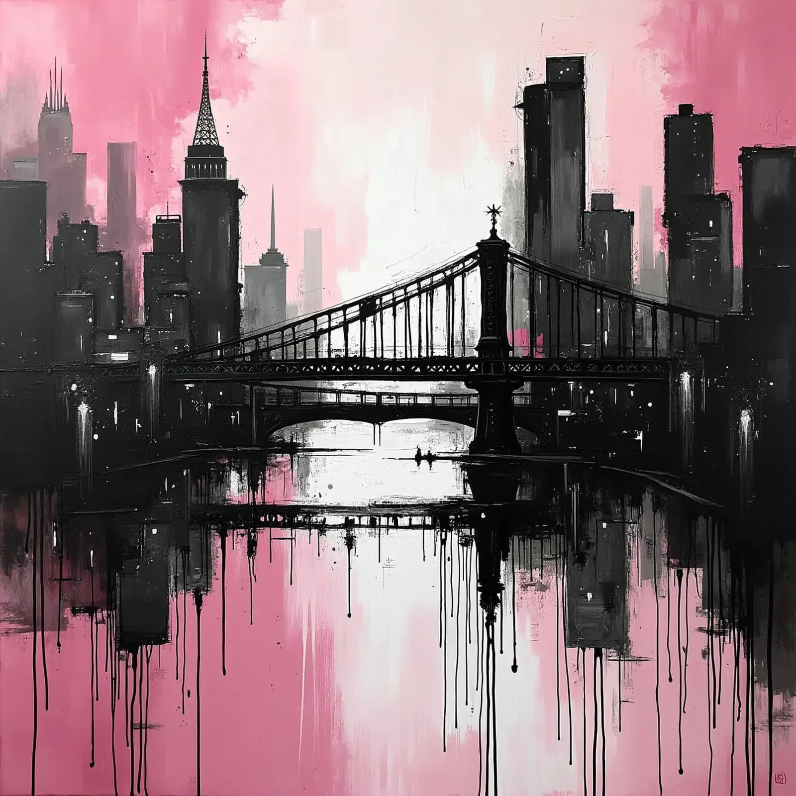 Skyline with bridge_pink canvas with Floater frame by Fantasie & Mystikwelten by LK