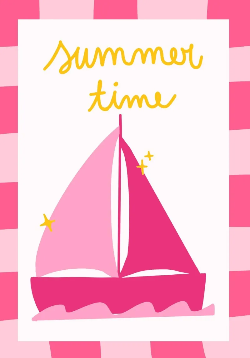 Zomertijd Zeilboot Retro Roze Poster canvas met Baklijst van vintagepod