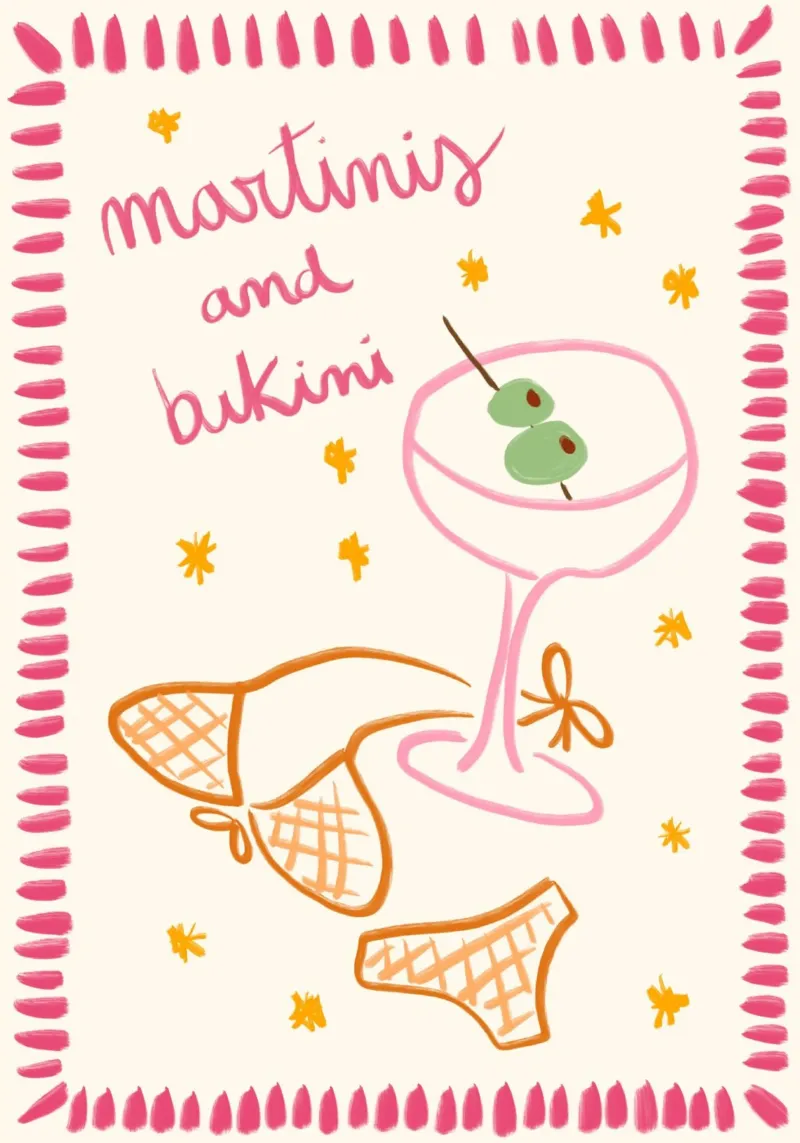 Martinis and Bikinis Retro Illustration Print canvas with Floater frame by vintagepod