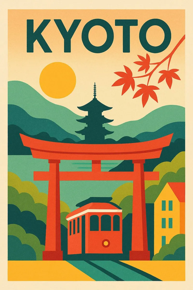 Kyoto poster - Retro poster of the Torii, pagoda and maple trees canvas with Floater frame by JETLAG | affiches voyage