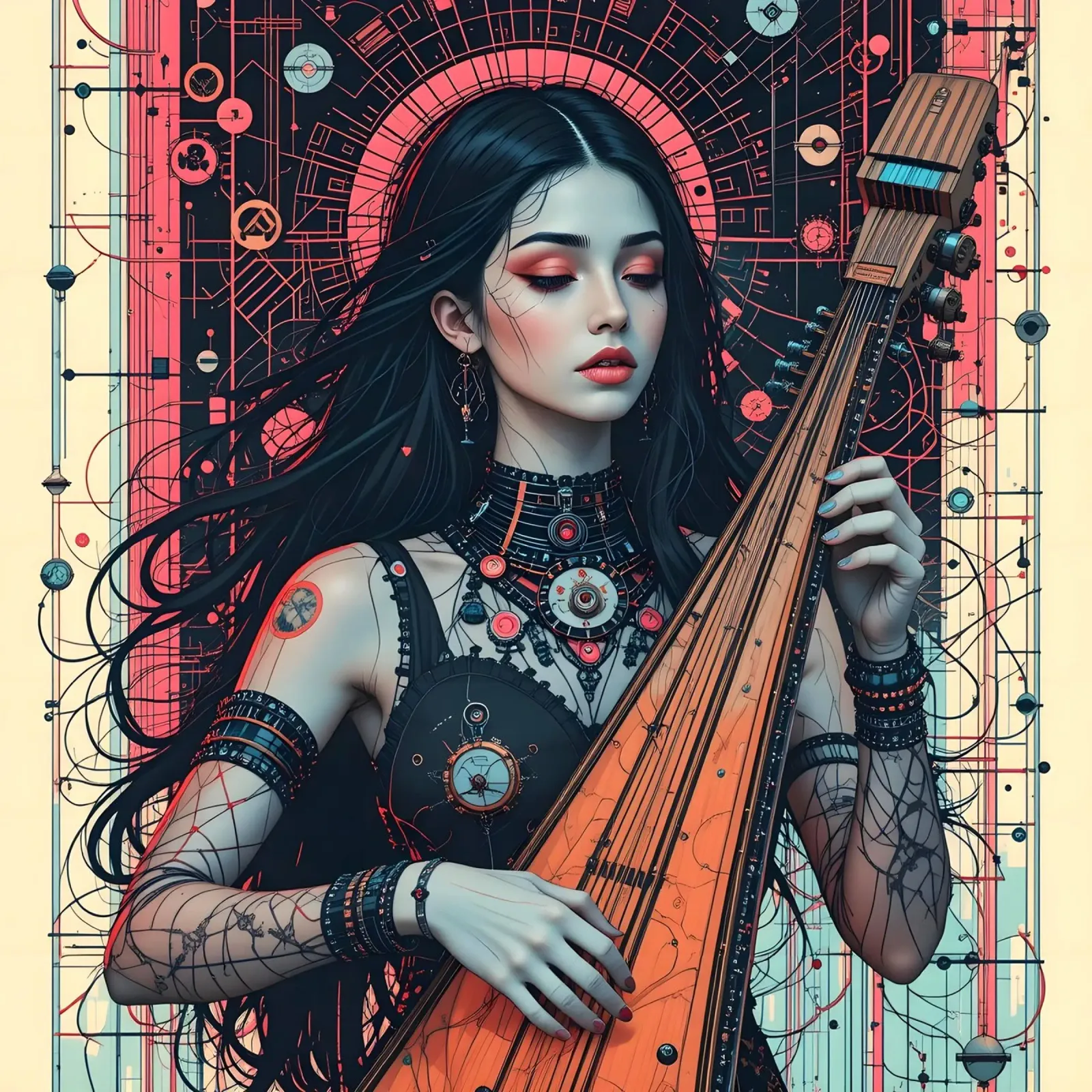 Donna e liuto poster con telaio in plastica da Massimo Frascogna