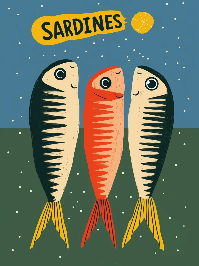 Sarde felici | Affascinante poster d'epoca poster con telaio in legno da Autofocus