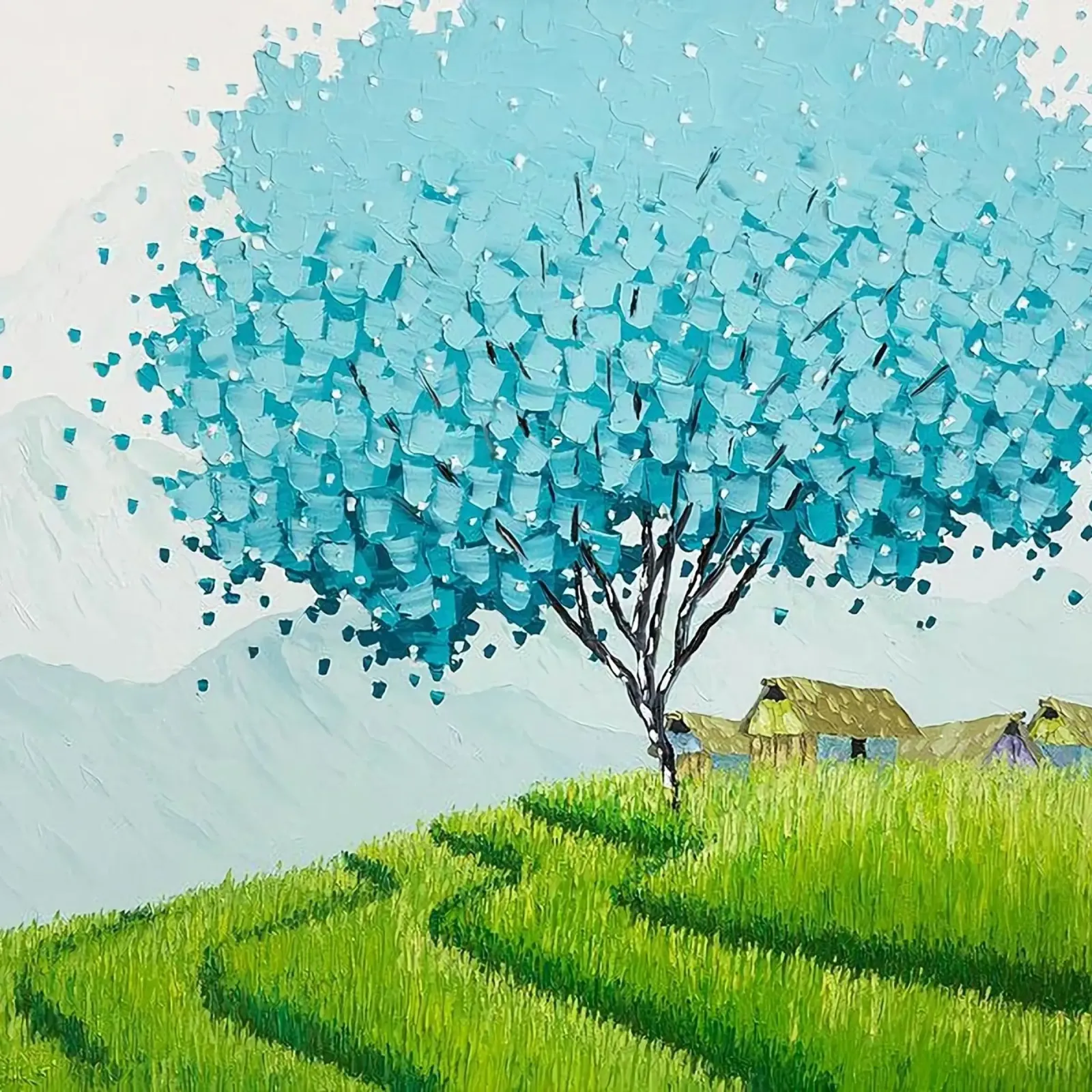 blue tree green grass poster con telaio in alluminio da kichin