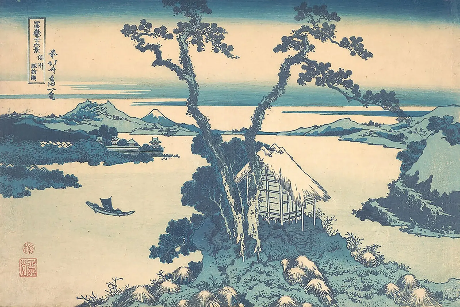 A View of Mount Fuji Across Lake Suwa canvas with Floater frame by Yorke Studio