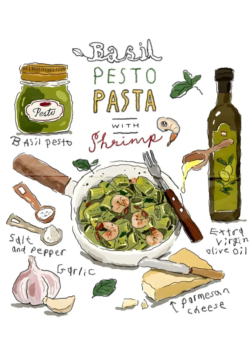 Basil Pesto Pasta with Shrimp poster con telaio in legno da Type & Tape