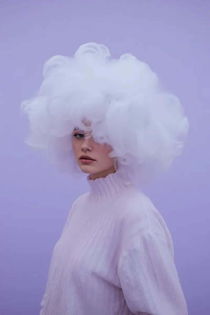 Frau mit weißer Wolke auf lila Hintergrund Poster von DesignDoodle