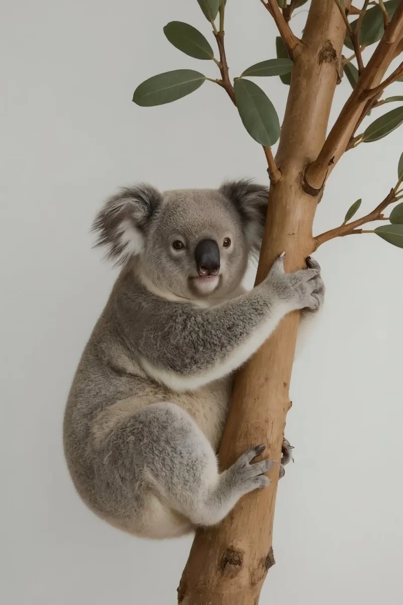 Koala che tiene in mano un ramo di eucalipto poster con telaio in legno da DesignDoodle