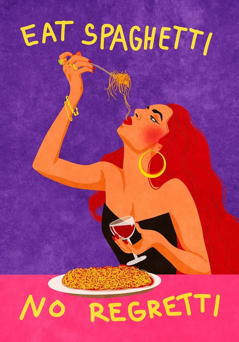 Eat Spaghetti No Regretti poster da mesa