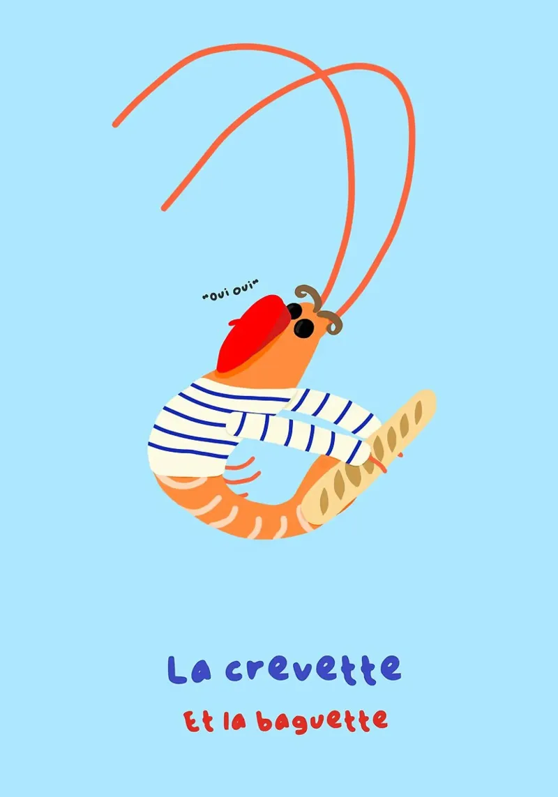 Gamberi alla francese con illustrazione di baguette poster da mesa