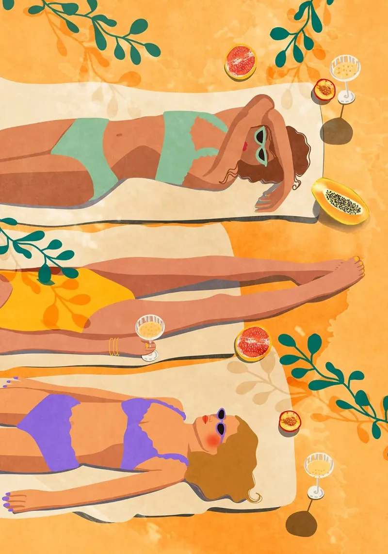 Prendere il sole in spiaggia poster con telaio in alluminio da mesa
