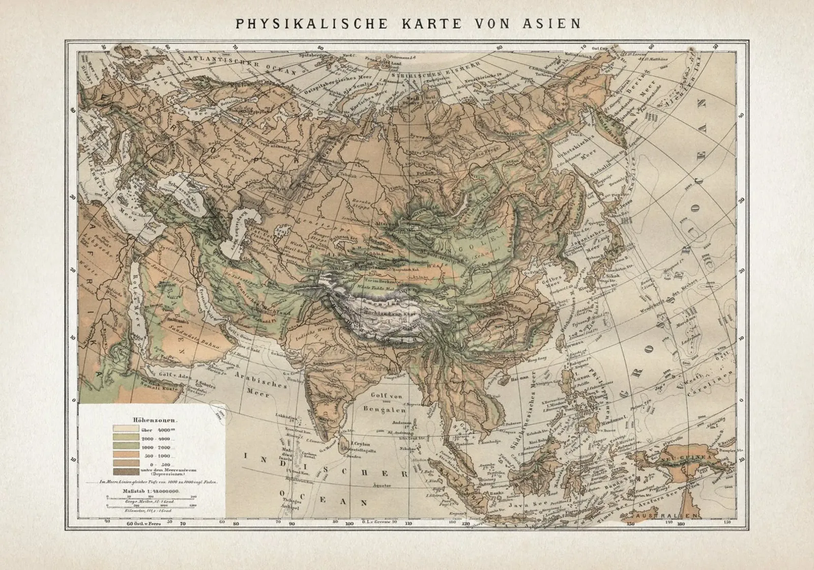 Vintage Brockhaus 6 Asien poster con telaio in legno da Vintage Print Collection