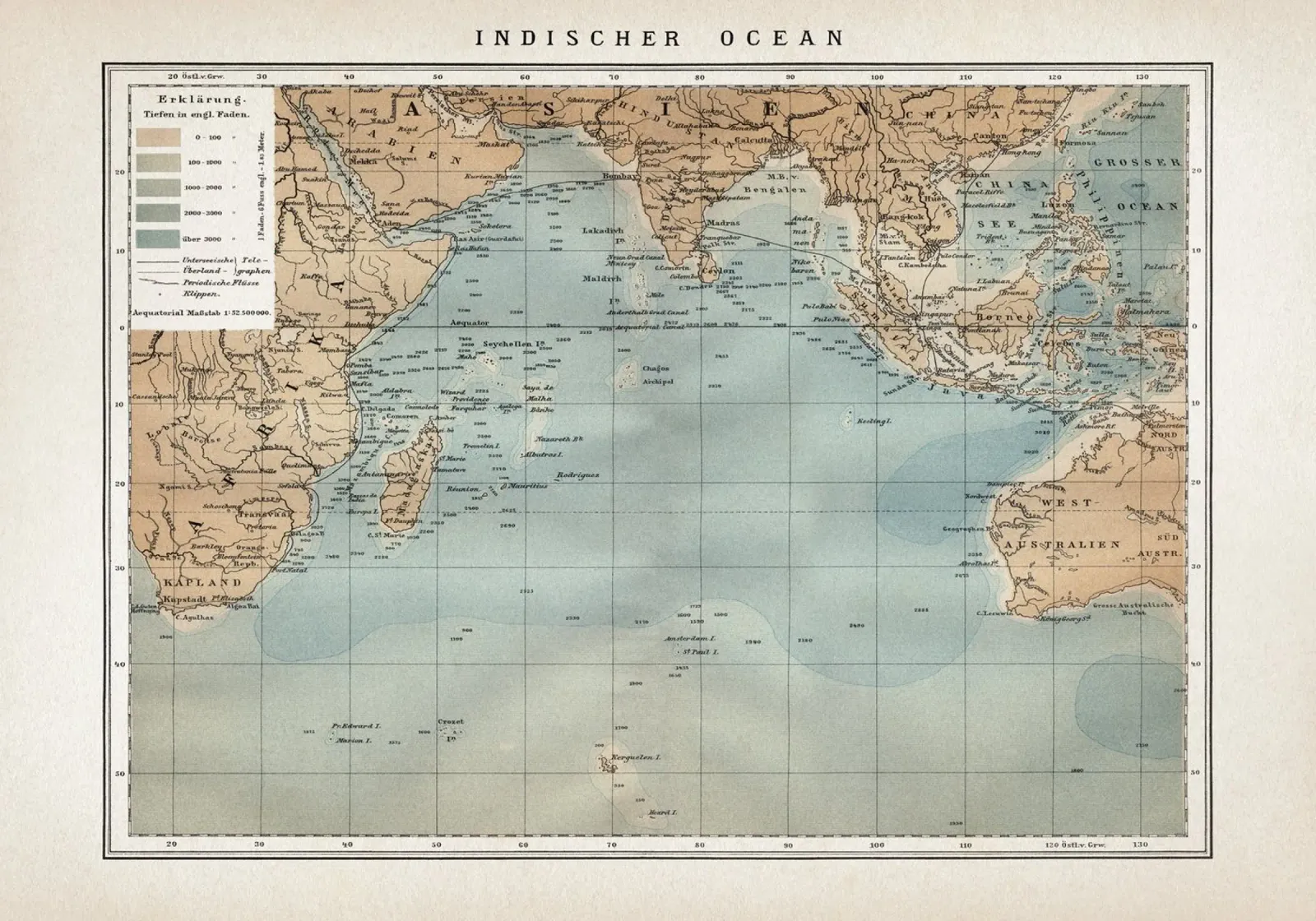 Vintage Brockhaus 7 Indischer Ozean poster con telaio in alluminio da Vintage Print Collection