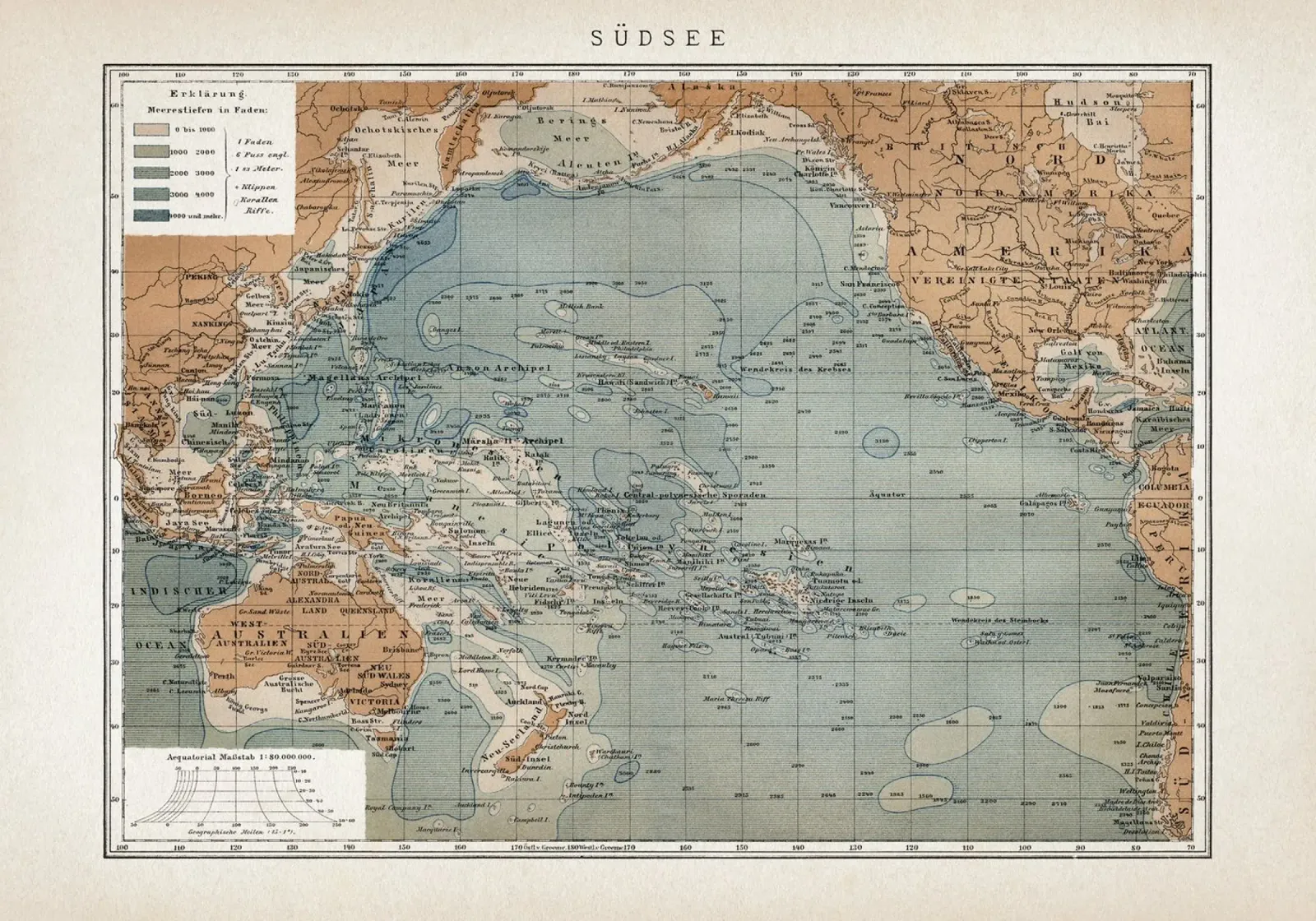Vintage Brockhaus 7 Südsee poster con telaio in plastica da Vintage Print Collection