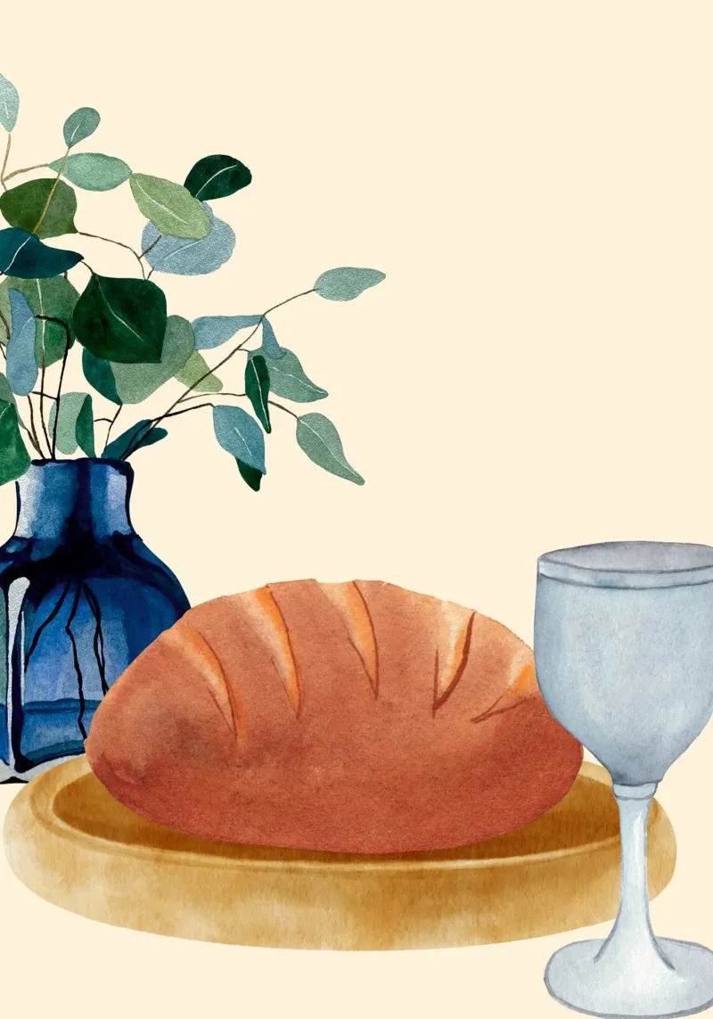 Eucharistie Brood en Wijn Christelijke Kunstdruk canvas met Baklijst van vintagepod