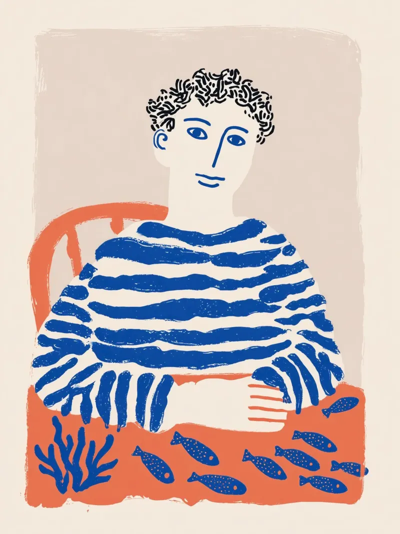 Pescatore francese con camicia a righe | Litografia marittima poster da Autofocus