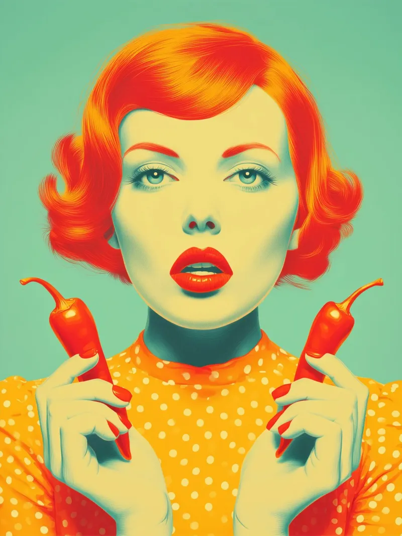 Ragazza con peperoncino rosso piccante | Arte in cucina poster con telaio in plastica da Autofocus