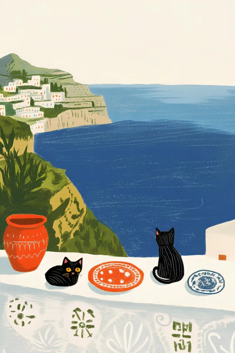 Due gatti neri in riva al mare blu poster da Curious Canvas