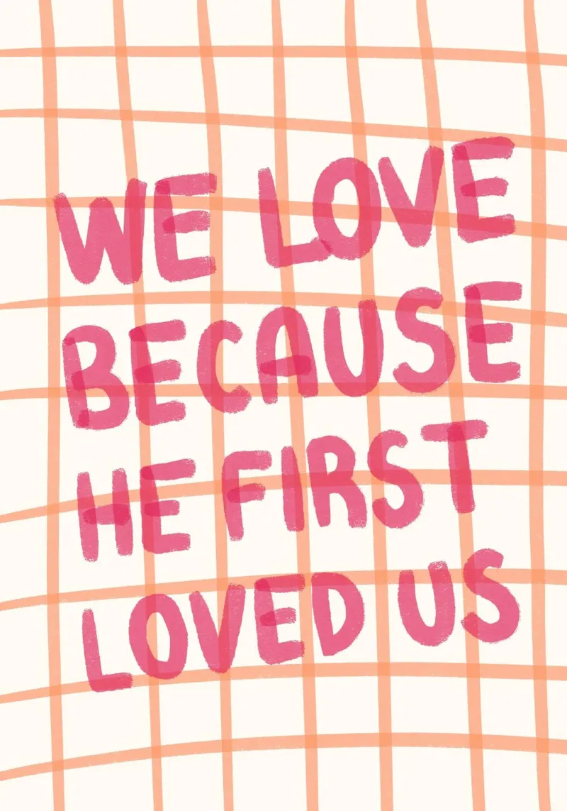 Wij hebben lief omdat hij ons eerst liefhad, Trendy Christian Art Prin canvas met Baklijst van vintagepod