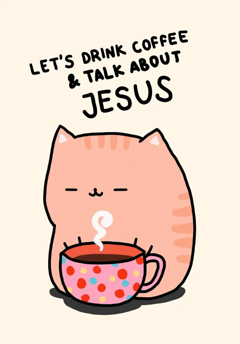 Gatto carino che beve caffè e parla di Gesù - Poster poster da vintagepod